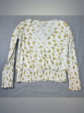 Lucky Brand White Floral Wrap-Style Long Sleeve Smocked Hem Top